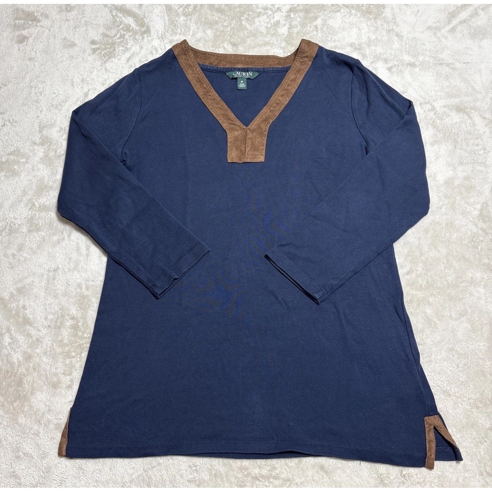 LAUREN RALPH LAUREN Top Womens Size Medium Blue Faux Leather V Neck 3/4 Sleeve